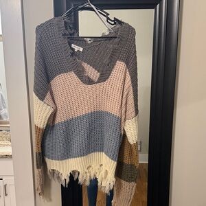 Colorblock Frayed Hem Sweater
